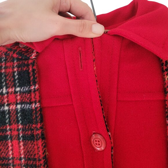 1980s Rothschild Girls Red Hooded Button Pea Coat Plaid Detail w/ Scarf size 6X - Picture 7 of 15